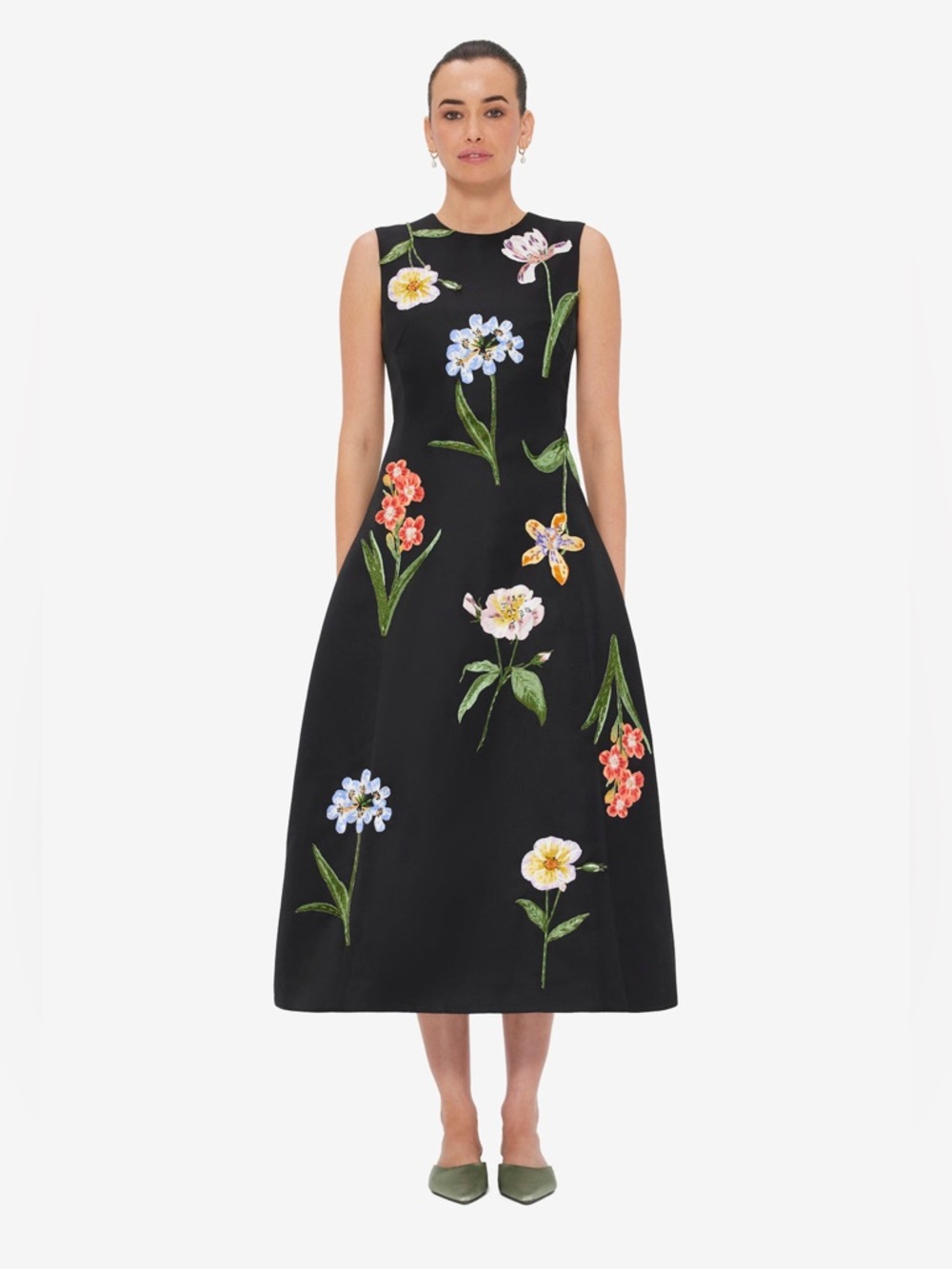 LEO LIN Cleo Embroidered Botanical Midi Dress Black Floral NWT Size 4